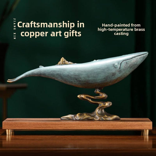 Handcrafted Brass Whale Sculpture Gift Box Set, Golden Mountain-Inspired Desktop Ornament for Office and Home Décor
